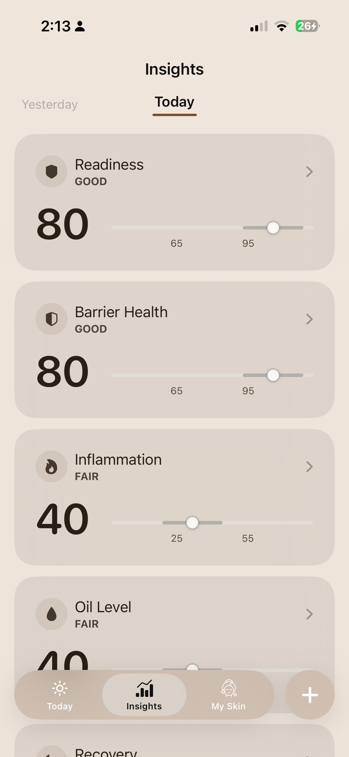 Skintelligent Insights screen showing detailed readiness, barrier health, inflammation and oil level metrics